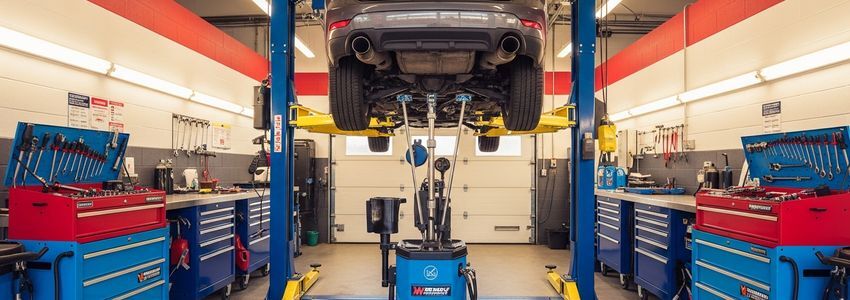 Quick lube shop interior showing professional oil change service bay with vehicle lifted and equipment organized