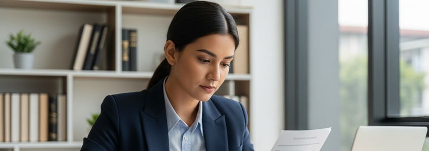 Small business owner reviewing financial documents and loan options at an office desk