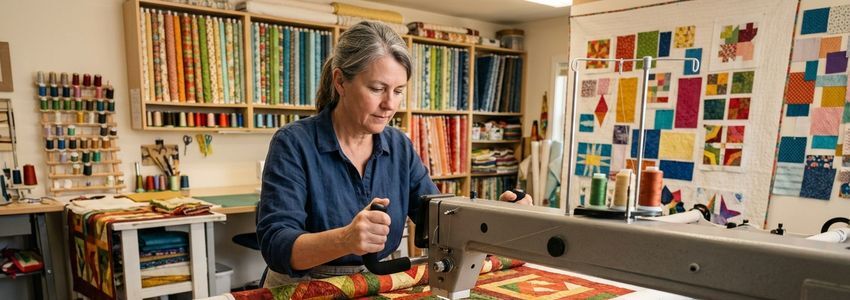 Small business owner operating a longarm quilting machine in a professional quilting studio