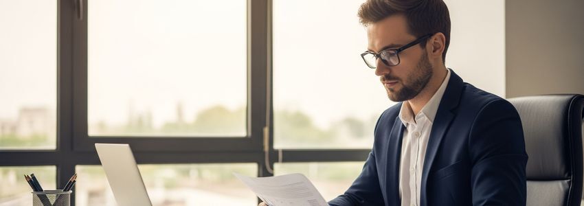 Sports agent business professional reviewing financing documents in a modern office