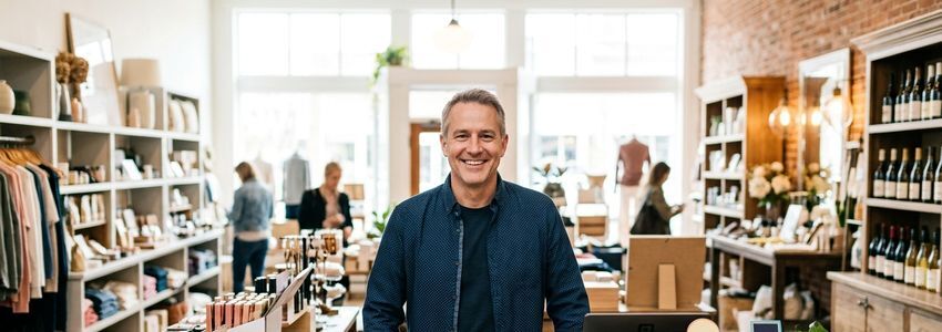 Small business owner smiling at store counter in Racine, Wisconsin - representing entrepreneurs seeking small business loans