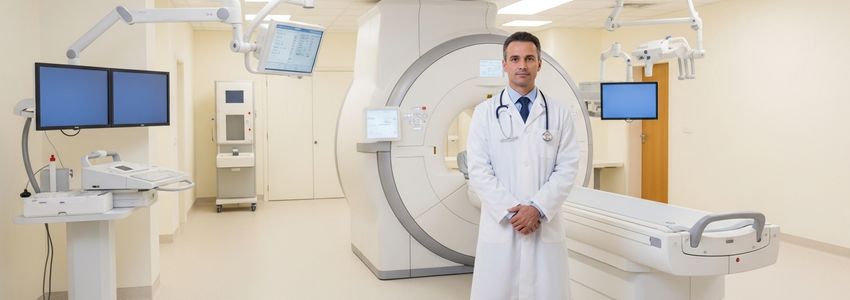 Radiology professional reviewing business financing options at a medical imaging center