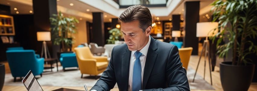 Hotel franchise investor reviewing loan documents for Radisson franchise financing