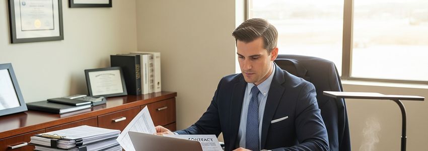Radon mitigation business owner reviewing contracts and financing documents at a professional desk