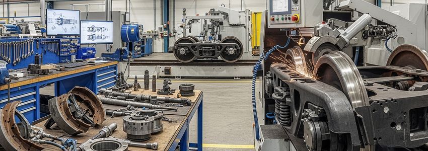 Rail car service maintenance shop with wheel truing equipment and specialized rail maintenance tools