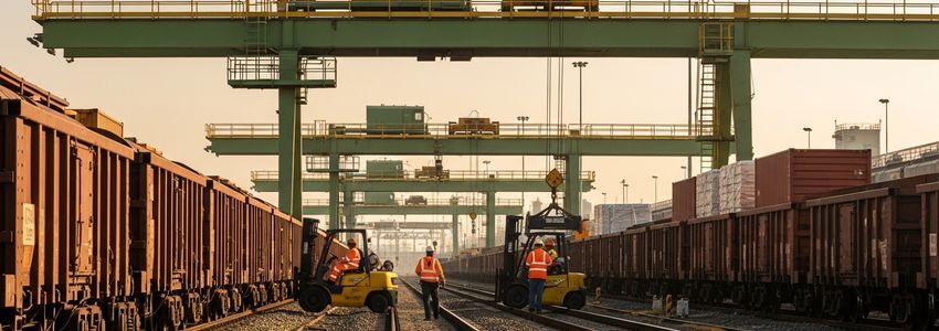 Railroad freight yard with intermodal containers and cranes showing railroad equipment financing operations