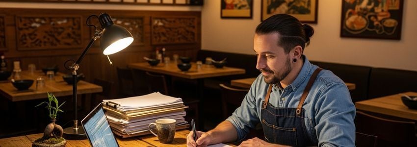 Ramen restaurant owner reviewing business loan documents at their restaurant