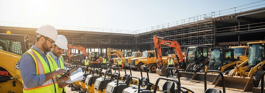 Construction professionals reviewing rammer compactor financing options at an equipment yard