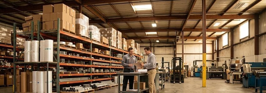 Business professionals reviewing raw material cost increases in a manufacturing warehouse
