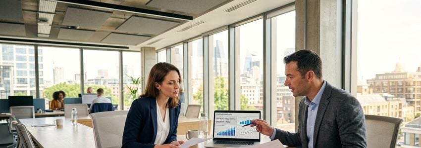 Business professionals reviewing raw materials financing documents at a modern office