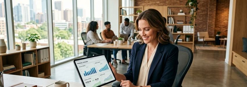 Business owner reviewing revenue-based financing statistics and data on a tablet in a modern office