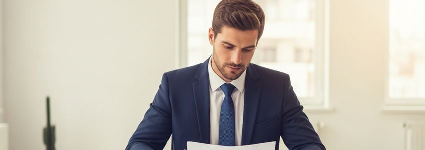 Business owner reviewing financing comparison documents at office desk