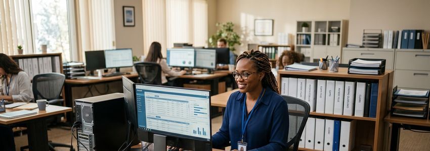 Medical billing specialist working at a computer in a revenue cycle management office reviewing healthcare billing data