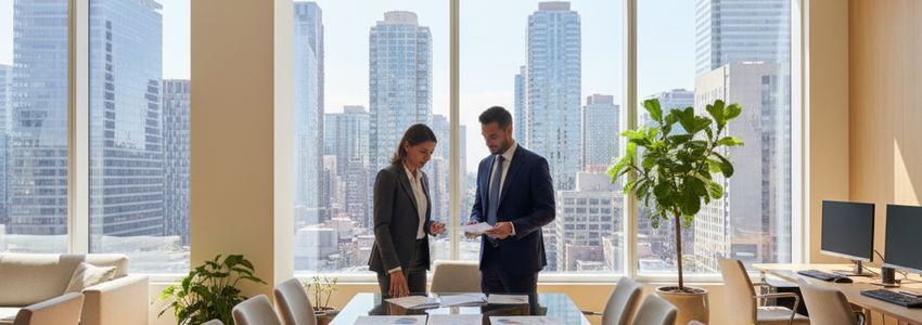 Real estate brokerage owner meeting with financial advisor to review loan documents and business growth plans