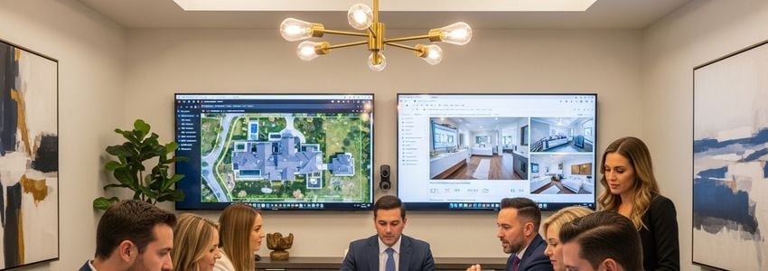 Real estate brokerage team collaborating on property listings with modern technology tools