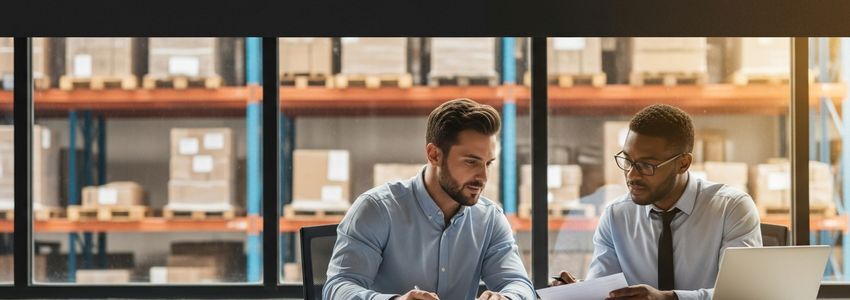 Business professionals reviewing reach truck financing documents in a warehouse office