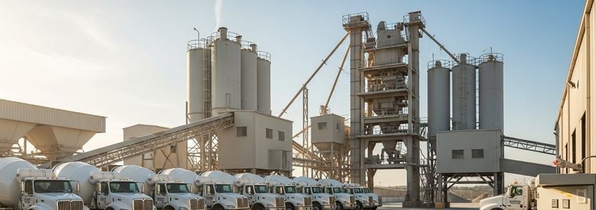 Fleet of ready-mix concrete mixer trucks at a batching plant facility
