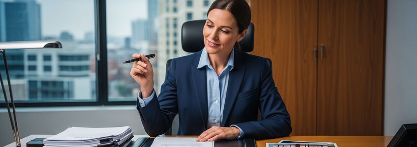 Real estate agency owner reviewing business loan documents in a professional office