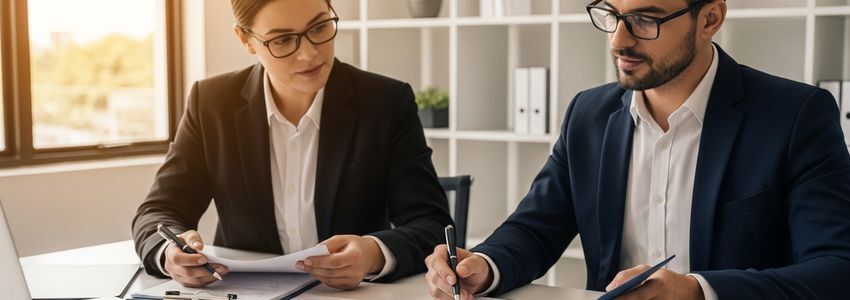 Real estate appraisers reviewing property valuation documents at a professional office