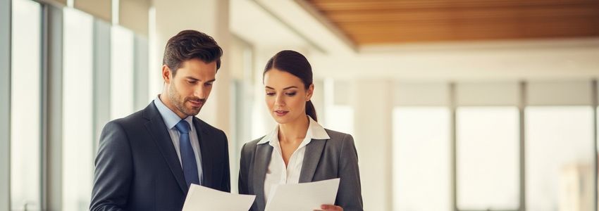 Business professional reviewing loan options during a real estate downturn with a lending specialist