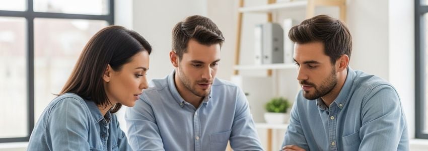 Real estate franchise team reviewing business loan documents at a professional office meeting