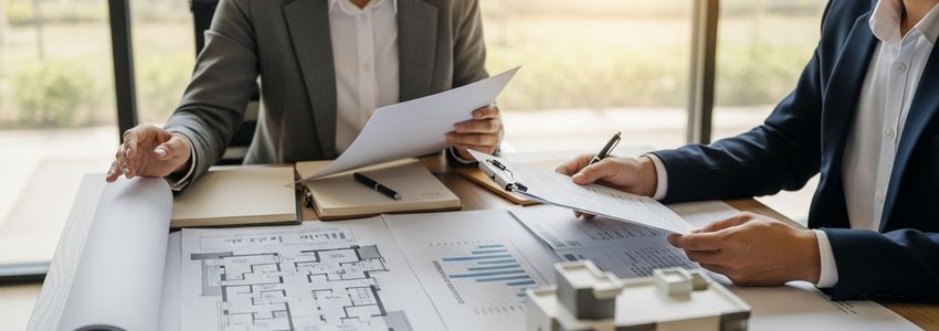 Business owner reviewing commercial real estate floor plans and financial documents with a property model on the desk