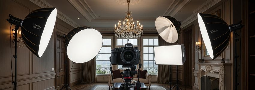 Professional real estate photographer with camera setup photographing luxury home interior