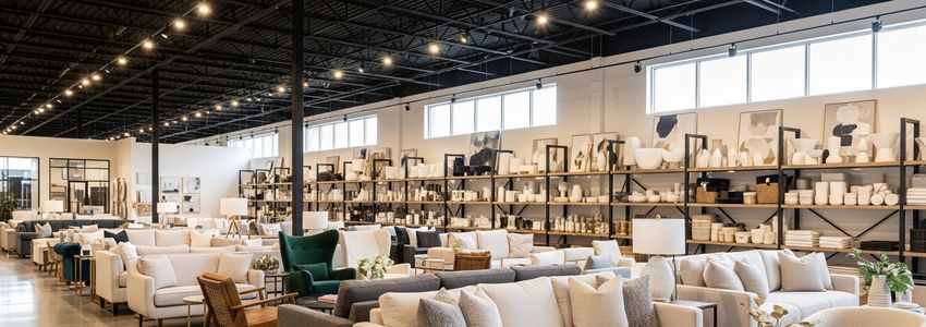 Real estate staging company warehouse with professional furniture inventory organized for client projects