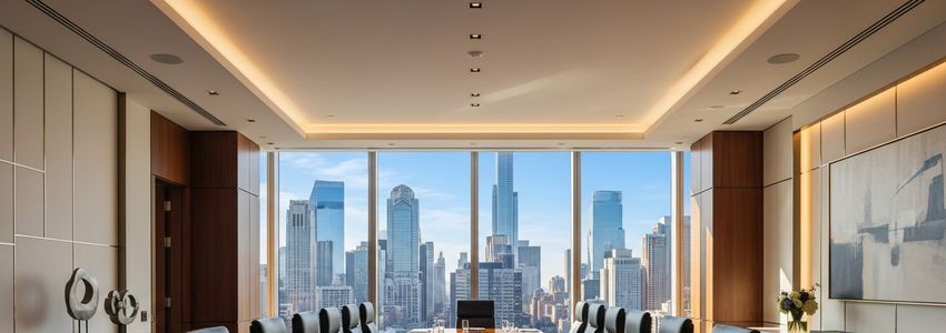 Business professionals in a modern corporate boardroom reviewing plans to modernize their operations