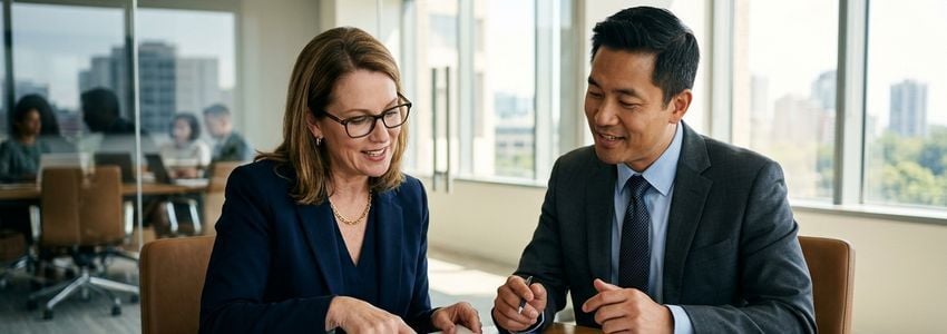 Business owner and financial advisor reviewing credit recovery strategy at a conference table