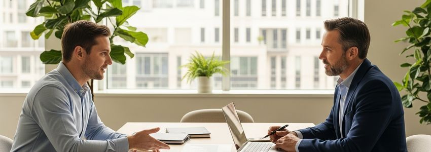 Business owner and financial advisor reviewing credit recovery strategy