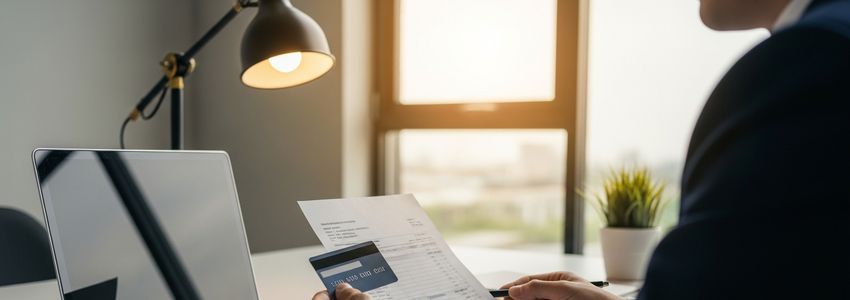 Business owner reviewing credit card statement and financial documents at desk