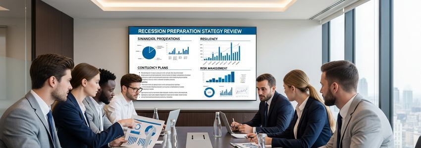 Business team reviewing recession-proof financing strategy