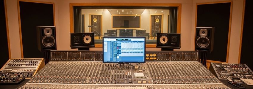 Professional recording studio interior with mixing console and studio monitors, representing record company financing