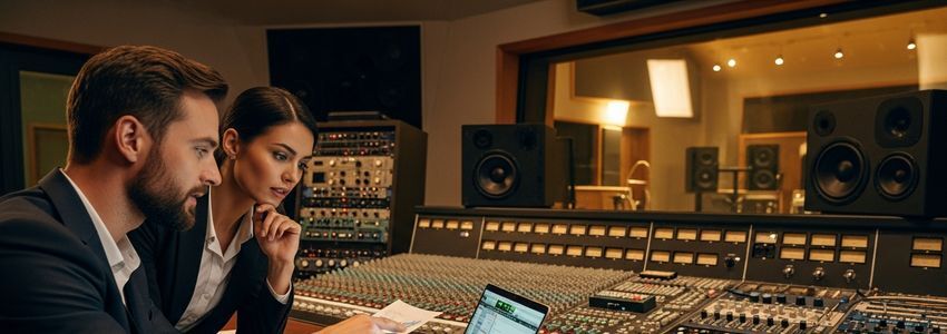 Music industry professionals reviewing record label financing options at a modern recording studio