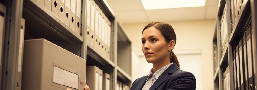 Records management professional retrieving archive boxes from commercial shelving in a document storage facility