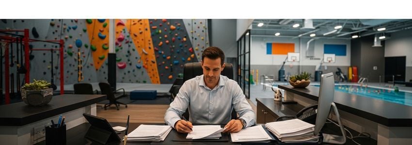 Recreation center manager reviewing business loan documents at front desk