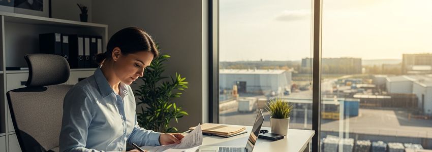 Recycling business owner reviewing equipment loan documents in an industrial processing facility with balers and conveyors visible