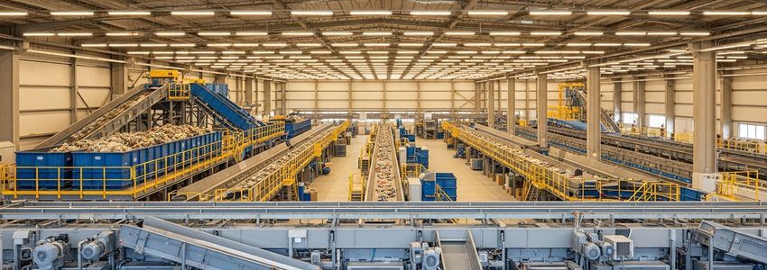 Recycling facility with industrial equipment including balers and conveyor systems
