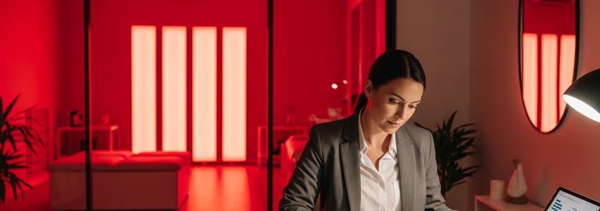 Red light therapy business owner reviewing financing options at their wellness studio