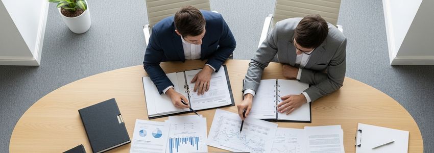 Business professionals reviewing Red Robin franchise loan documents in a modern office setting