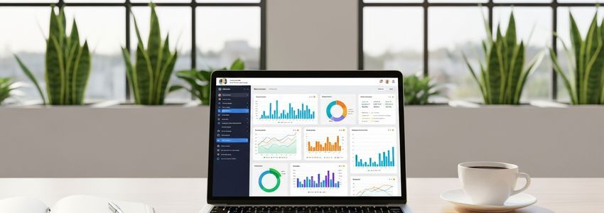 Small business owner reviewing social media marketing strategy on laptop in modern office