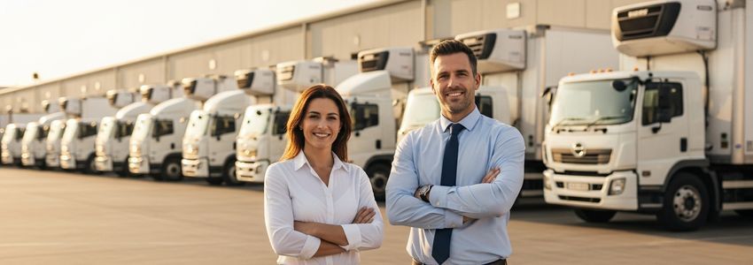 Business owners reviewing reefer truck financing options in front of a refrigerated truck fleet