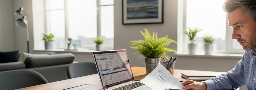 Business owner reviewing loan refinancing documents and financial charts in a modern office setting
