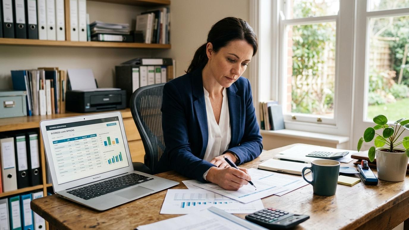 Business owner reviewing refinancing options and loan documents with a financial advisor