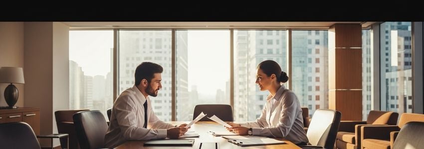 Business owner and financial advisor reviewing loan refinancing options at a conference table