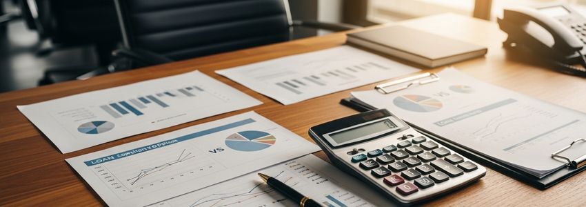 Business professional reviewing loan refinancing documents at office desk