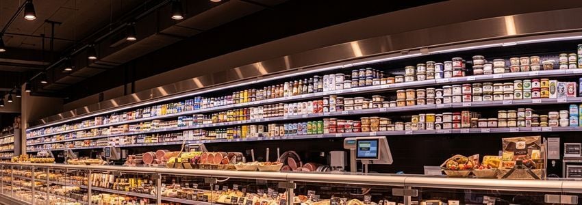 Commercial refrigerated display cases in a modern grocery store retail environment