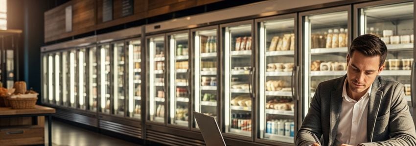 A business owner reviewing refrigeration equipment financing documents in a commercial kitchen
