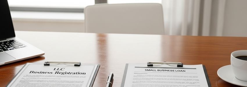 Small business owner reviewing business registration documents for loan preparation